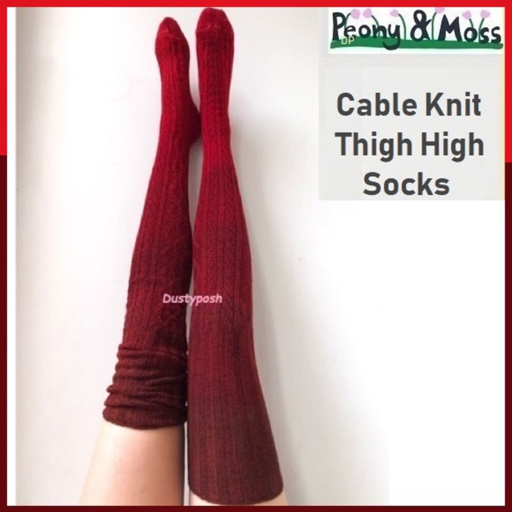 Anthropologie Peony & Moss Thigh High Boot Socks Over Knee OTK Cable Knit Red